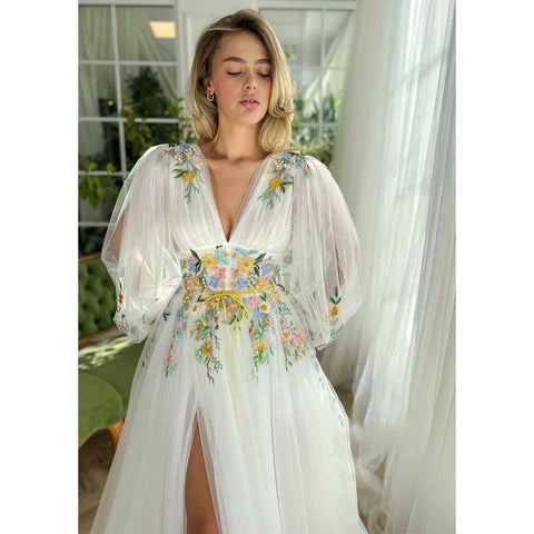 Vestido elegante de fiesta de graduación con escote en V profundo, apliques, mangas largas y abertura, corte en A. 