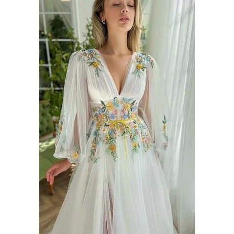 Vestido elegante de fiesta de graduación con escote en V profundo, apliques, mangas largas y abertura, corte en A. 