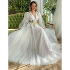 Vestido elegante de fiesta de graduación con escote en V profundo, apliques, mangas largas y abertura, corte en A. 