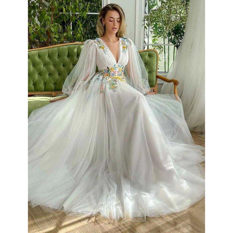 Vestido elegante de fiesta de graduación con escote en V profundo, apliques, mangas largas y abertura, corte en A. 