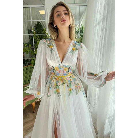 Vestido elegante de fiesta de graduación con escote en V profundo, apliques, mangas largas y abertura, corte en A. 