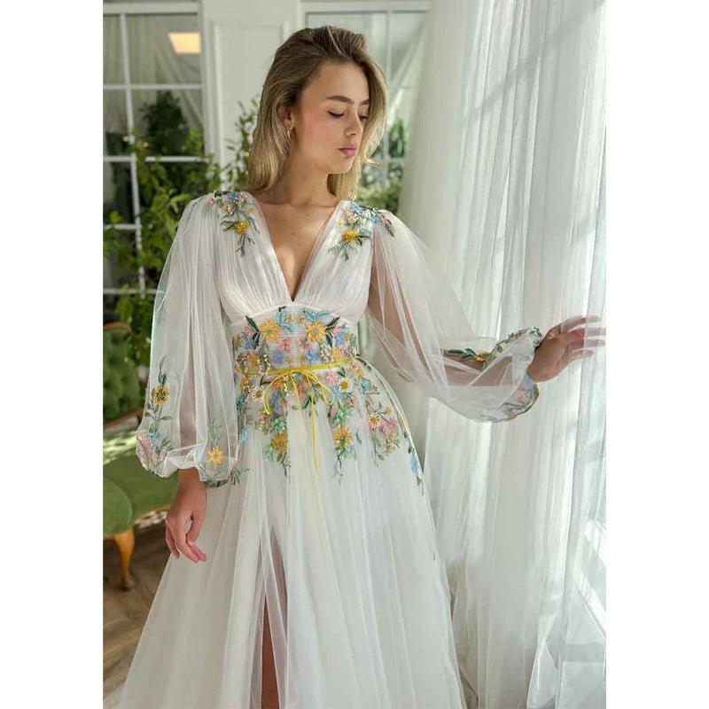 Vestido elegante de fiesta de graduación con escote en V profundo, apliques, mangas largas y abertura, corte en A. 