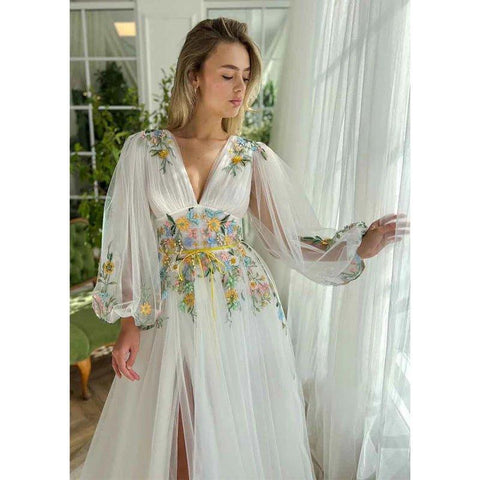 Vestido elegante de fiesta de graduación con escote en V profundo, apliques, mangas largas y abertura, corte en A. 