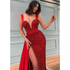 Vestido largo de fiesta formal con escote en V profundo, corte en A, abertura lateral y brillo. 