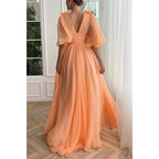 Vestido largo elegante de fiesta, corte A, escote en V, mangas cortas, con bolsillos y mangas cortas. 