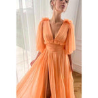 Vestido largo elegante de fiesta, corte A, escote en V, mangas cortas, con bolsillos y mangas cortas. 