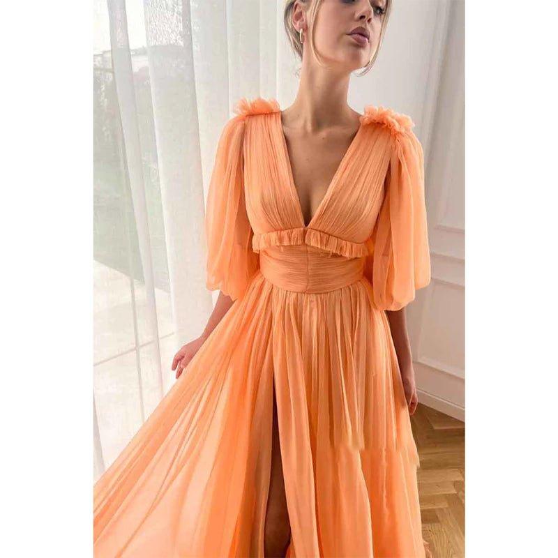 Vestido largo elegante de fiesta, corte A, escote en V, mangas cortas, con bolsillos y mangas cortas. 