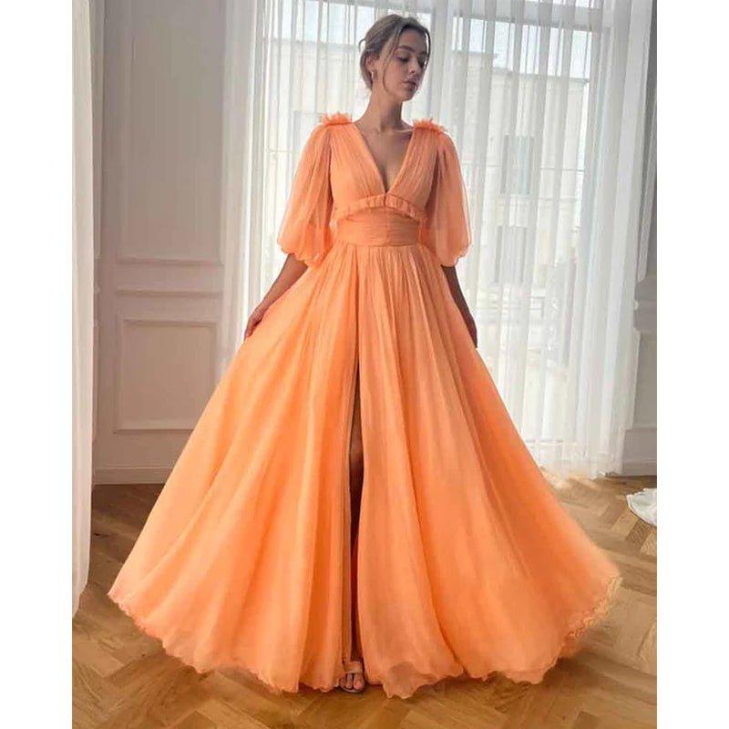 Vestido largo elegante de fiesta, corte A, escote en V, mangas cortas, con bolsillos y mangas cortas. 