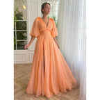 Vestido largo elegante de fiesta, corte A, escote en V, mangas cortas, con bolsillos y mangas cortas. 