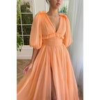 Vestido largo elegante de fiesta, corte A, escote en V, mangas cortas, con bolsillos y mangas cortas. 