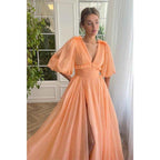 Vestido largo elegante de fiesta, corte A, escote en V, mangas cortas, con bolsillos y mangas cortas. 