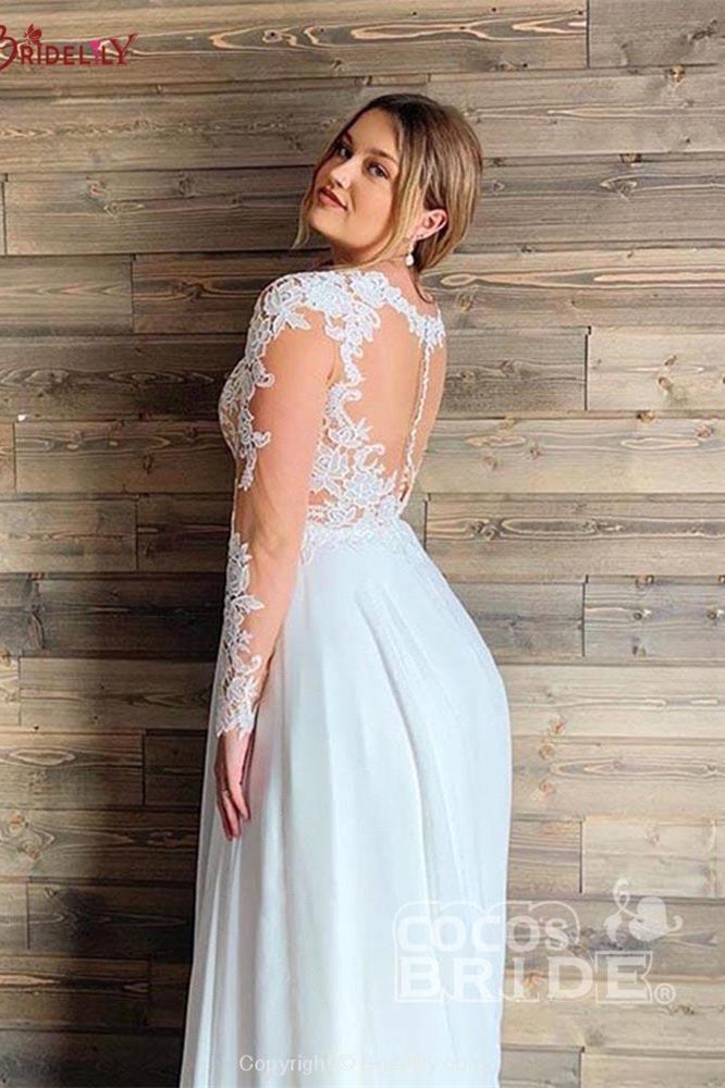 Robes de mariée trapèze en tulle transparent et dentelle, manches longues, longueur au sol, pour la plage 