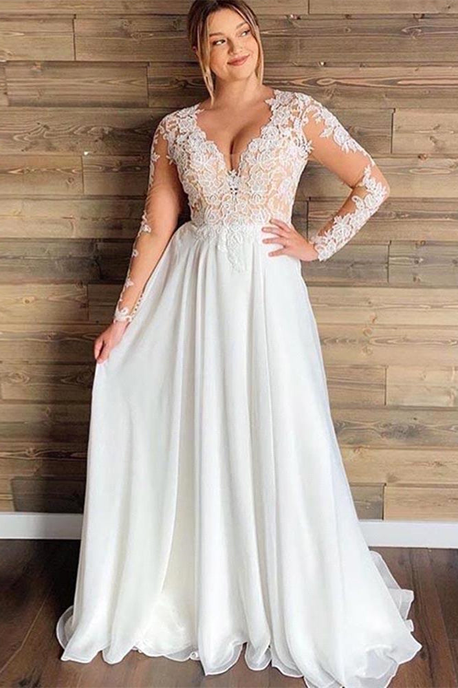 Robes de mariée trapèze en tulle transparent et dentelle, manches longues, longueur au sol, pour la plage 