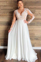 Robes de mariée trapèze en tulle transparent et dentelle, manches longues, longueur au sol, pour la plage 