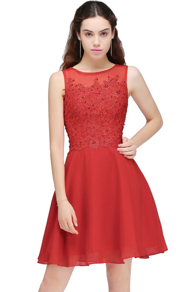 Vestidos cortos de gasa roja de corte A para baile de bienvenida con apliques de encaje