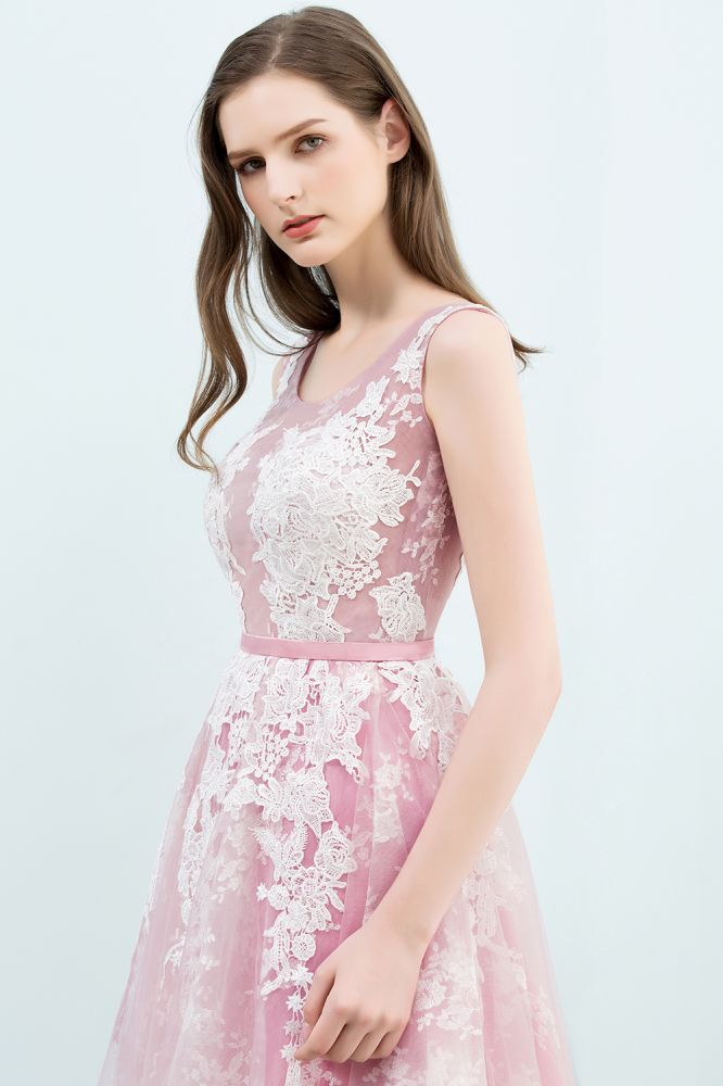 Vestidos de fiesta de corte A, cortos, sin mangas, con apliques de encaje y tul.