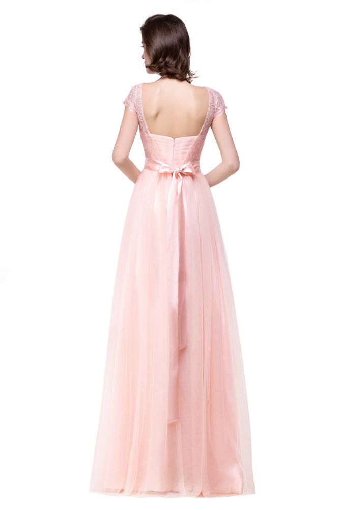 Vestidos de dama de honor de gasa de corte A, manga corta y fajín con lazo de cinta.