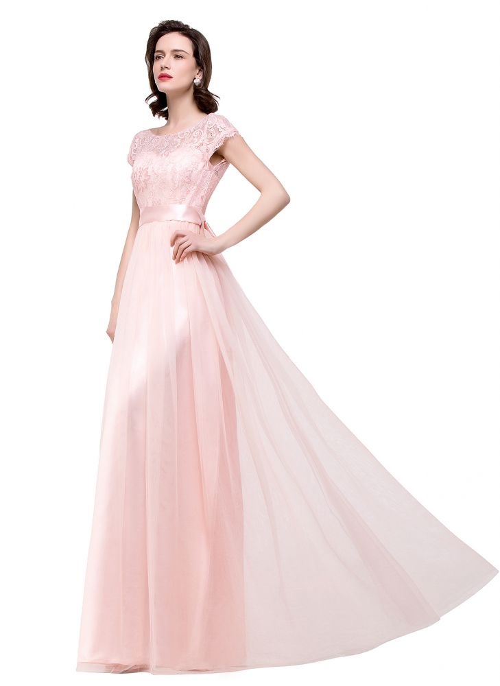 Vestidos de dama de honor de gasa de corte A, manga corta y fajín con lazo de cinta.