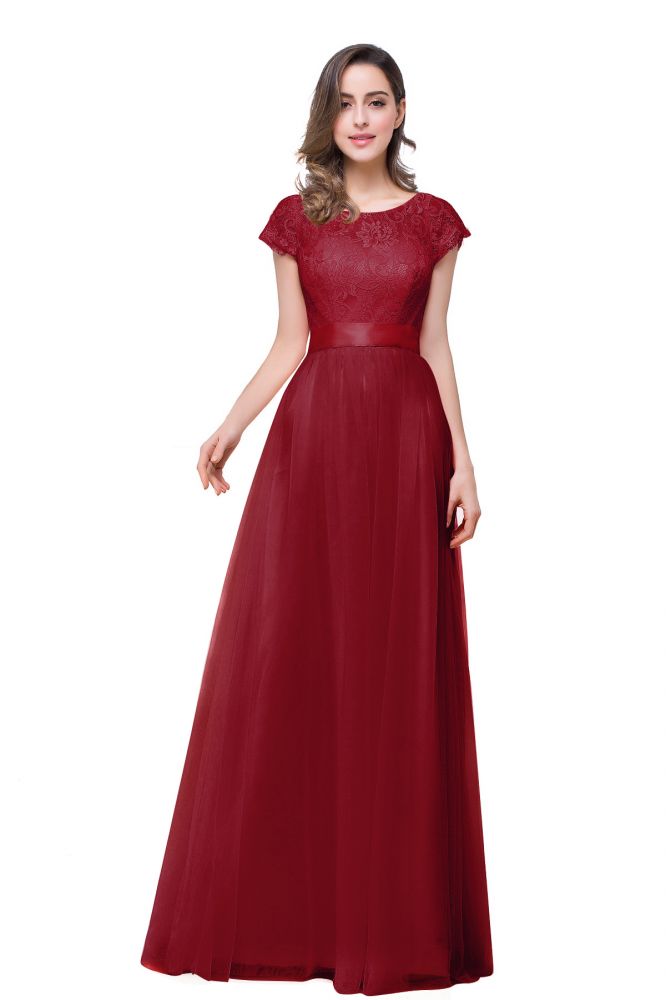 Vestidos de dama de honor de gasa de corte A, manga corta y fajín con lazo de cinta.