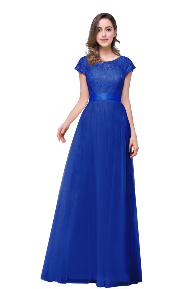 Vestidos de dama de honor de gasa de corte A, manga corta y fajín con lazo de cinta.