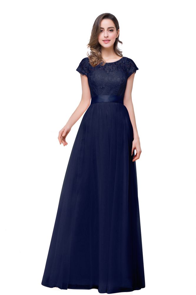 Vestidos de dama de honor de gasa de corte A, manga corta y fajín con lazo de cinta.