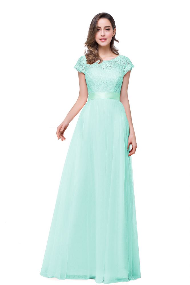 Vestidos de dama de honor de gasa de corte A, manga corta y fajín con lazo de cinta.