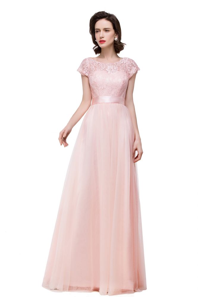 Vestidos de dama de honor de gasa de corte A, manga corta y fajín con lazo de cinta.