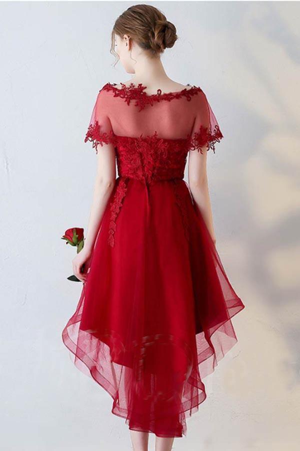 Vestido de fiesta asimétrico con escote corazón, manga corta, apliques y corte en A PD141