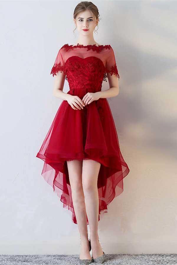 Vestido de fiesta asimétrico con escote corazón, manga corta, apliques y corte en A PD141