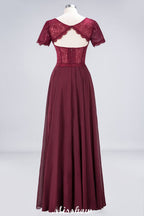 Robe de demoiselle d'honneur longue en mousseline et dentelle, coupe trapèze, manches courtes, col rond