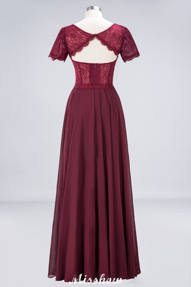 Robe de demoiselle d'honneur longue en mousseline et dentelle, coupe trapèze, manches courtes, col rond