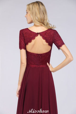 Vestido de dama de honor de corte A, manga corta, largo hasta el suelo, de gasa y encaje, con cuello redondo.