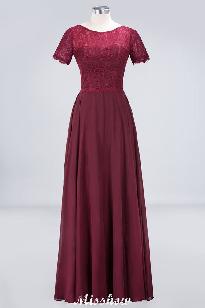 Robe de demoiselle d'honneur longue en mousseline et dentelle, coupe trapèze, manches courtes, col rond
