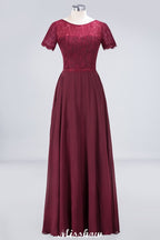 Robe de demoiselle d'honneur longue en mousseline et dentelle, coupe trapèze, manches courtes, col rond