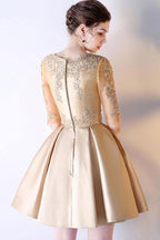 Vestido corto de fiesta de graduación, corte en A, manga corta, encaje dorado y satén, modelo PD212