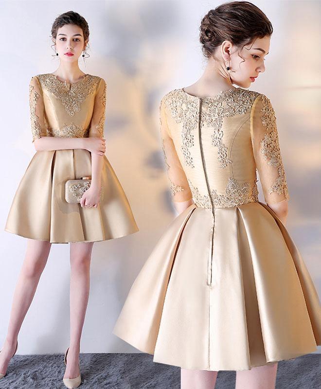 Vestido corto de fiesta de graduación, corte en A, manga corta, encaje dorado y satén, modelo PD212