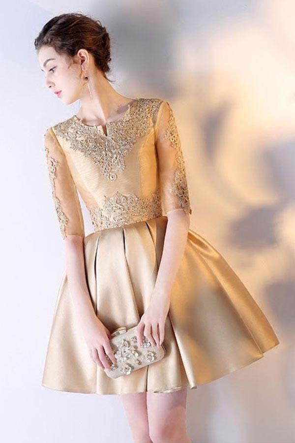 Vestido corto de fiesta de graduación, corte en A, manga corta, encaje dorado y satén, modelo PD212