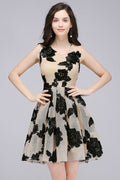 Vestidos cortos de tul color nude, corte en A, estilo chic, para fiestas de bienvenida, con flores