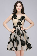 Vestidos cortos de tul color nude, corte en A, estilo chic, para fiestas de bienvenida, con flores