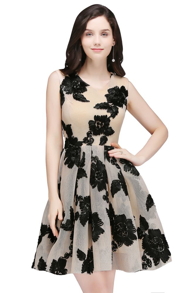 Vestidos cortos de tul color nude, corte en A, estilo chic, para fiestas de bienvenida, con flores