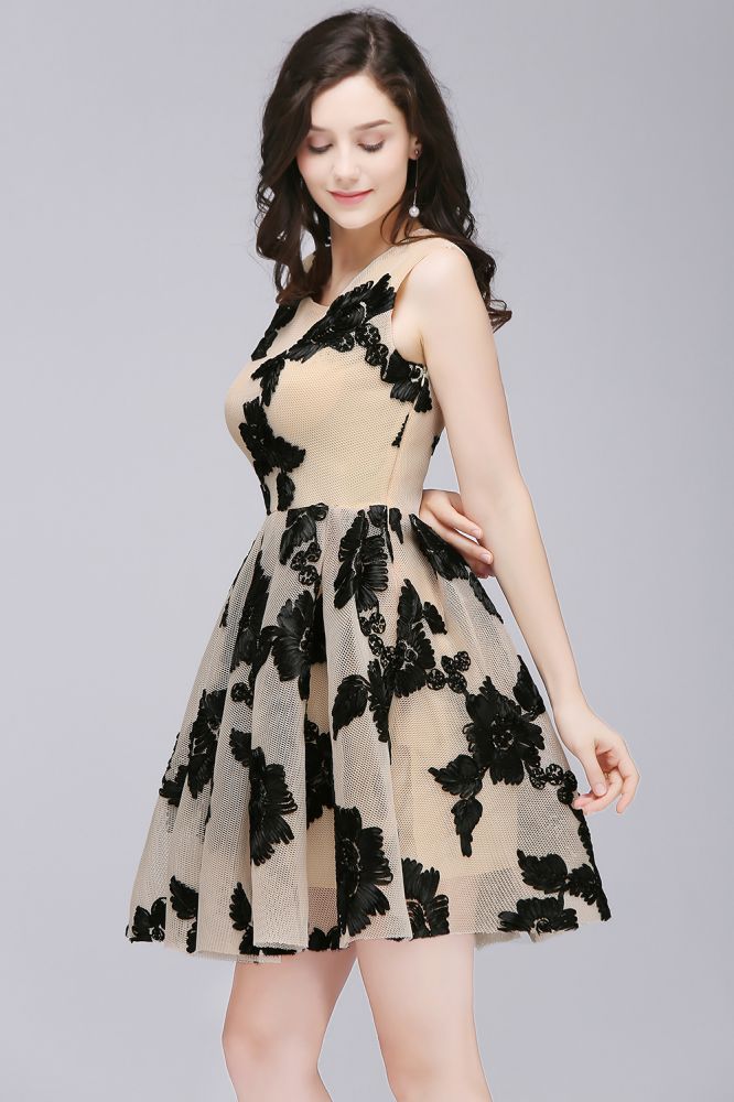 Vestidos cortos de tul color nude, corte en A, estilo chic, para fiestas de bienvenida, con flores
