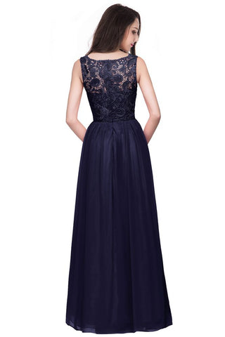 A-line Sleeveless Crew Floor-length Lace Top Chiffon Prom Dresses