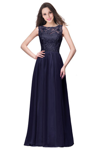 A-line Sleeveless Crew Floor-length Lace Top Chiffon Prom Dresses