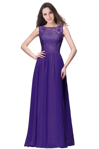 A-line Sleeveless Crew Floor-length Lace Top Chiffon Prom Dresses