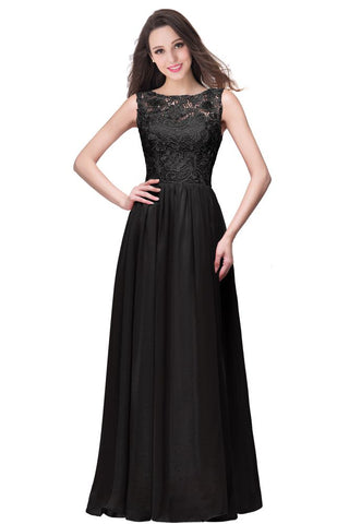 A-line Sleeveless Crew Floor-length Lace Top Chiffon Prom Dresses