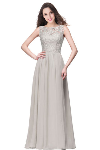 A-line Sleeveless Crew Floor-length Lace Top Chiffon Prom Dresses