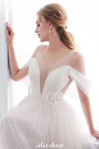 Robe de mariée ivoire en dentelle, coupe trapèze, sans manches, longueur au sol, coupe trapèze.