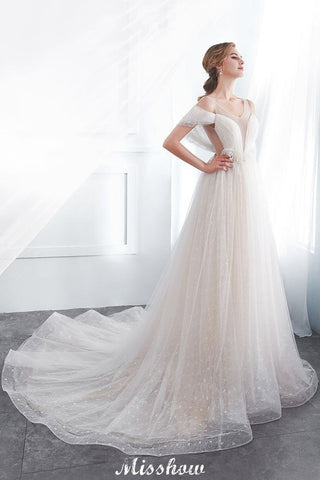 A-line Sleeveless Floor Length Lace Ivory Wedding Dress