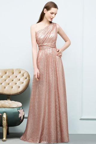 A-line Sleeveless Floor Length One-shoulder Sequins Prom Dresses