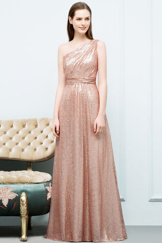 A-line Sleeveless Floor Length One-shoulder Sequins Prom Dresses